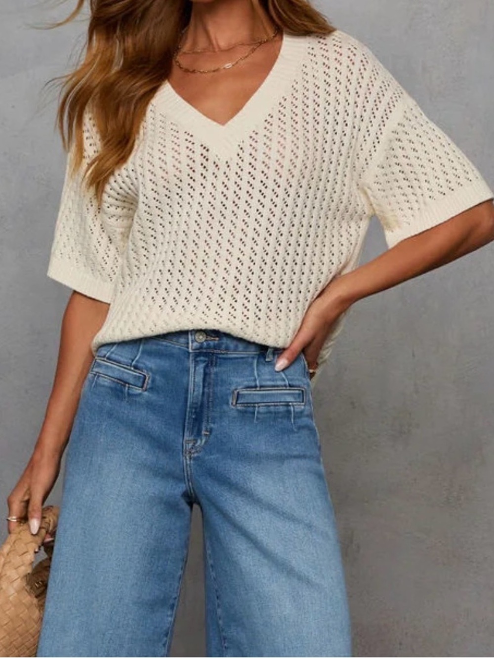 Vici “ Catch Me At The Sandbar”Oversized Open-Knit V-Neck Short Sleeve Sweater.